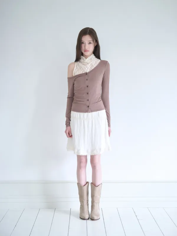 Lace drape cardigan set (Brown)