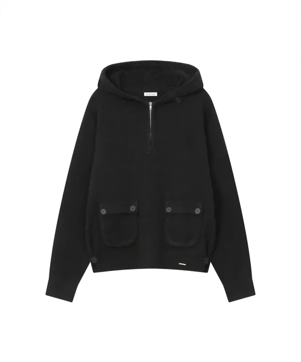 [레이 PICK] Button hoodie knit pullover BLACK