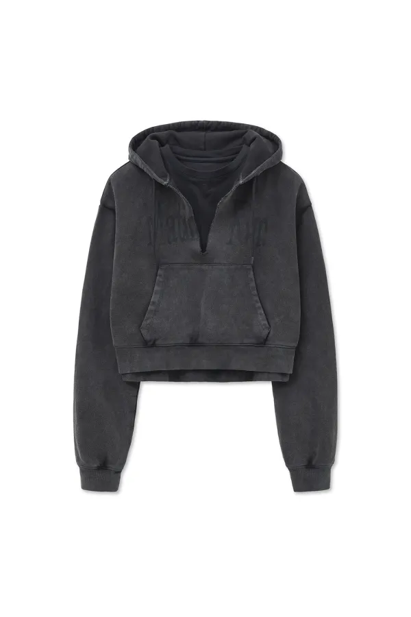 WASHED LAYERED CROP HOODY IN CHARCOAL