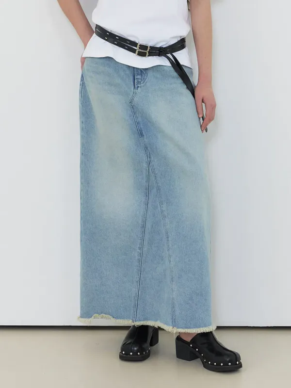 Washed Long Denim Skirt, Blue