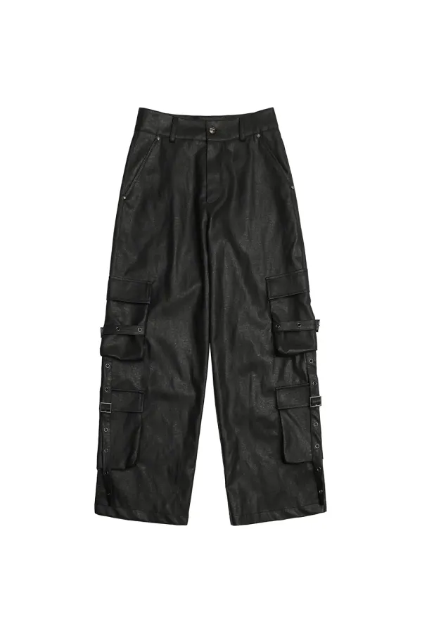 EYELET CARGO LEATHER PANTS BLACK