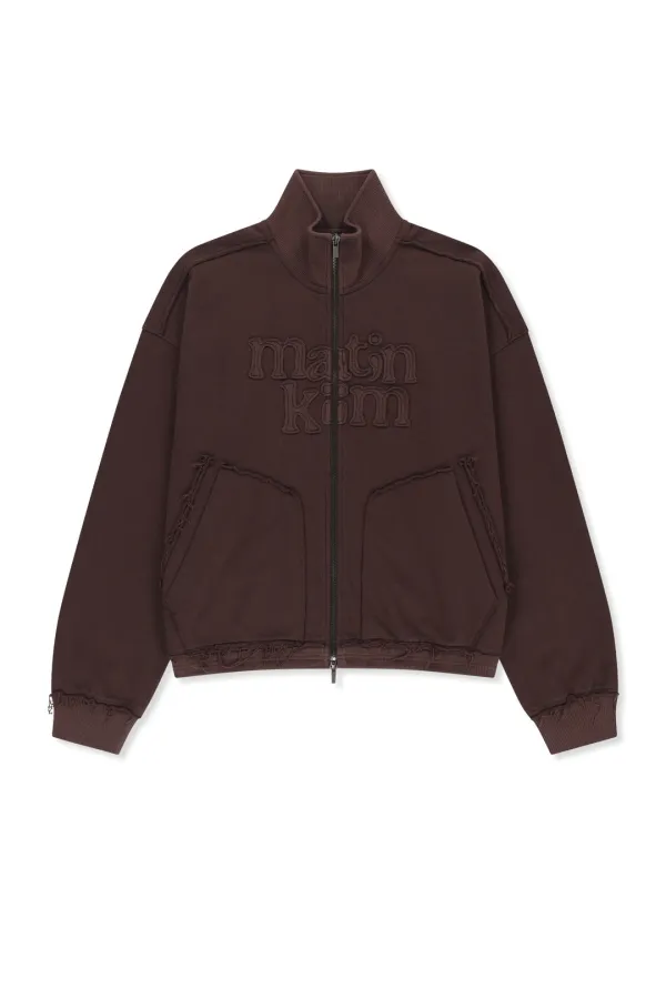 MIXED WAFFLE APPLIQUE LOGO ZIP UP IN BROWN