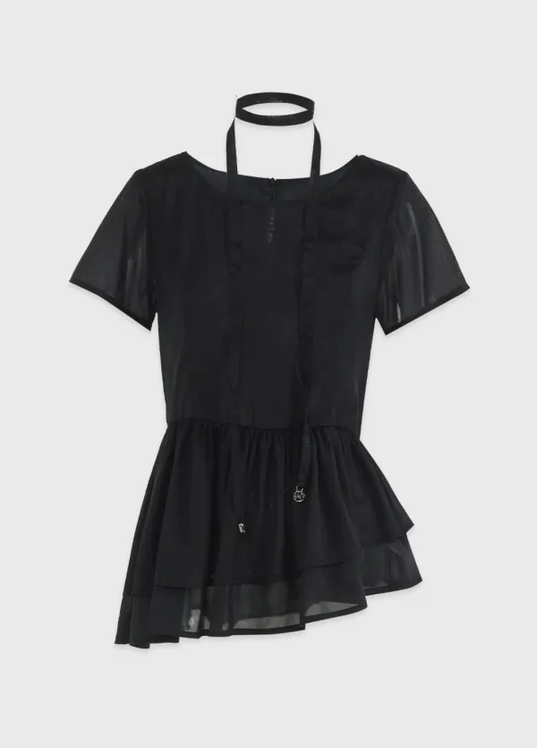  [44-120]  Aelira Short-Sleeve Tiered Blouse-Tie Setup  엘리라 쇼츠 슬리브 티어드 블라우스-타이 셋업 (여름-봄-여름하객룩-하객룩-출근룩-격식룩-데일리룩-반팔블라우스-여리블라우스-시스루-타이-레이어드-자체제작) 