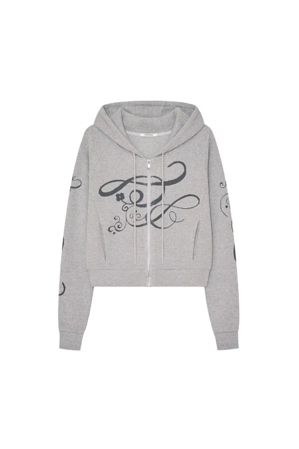 FOLK PATTERN 02 CROP WAFFLE ZIP-UP HOODIE