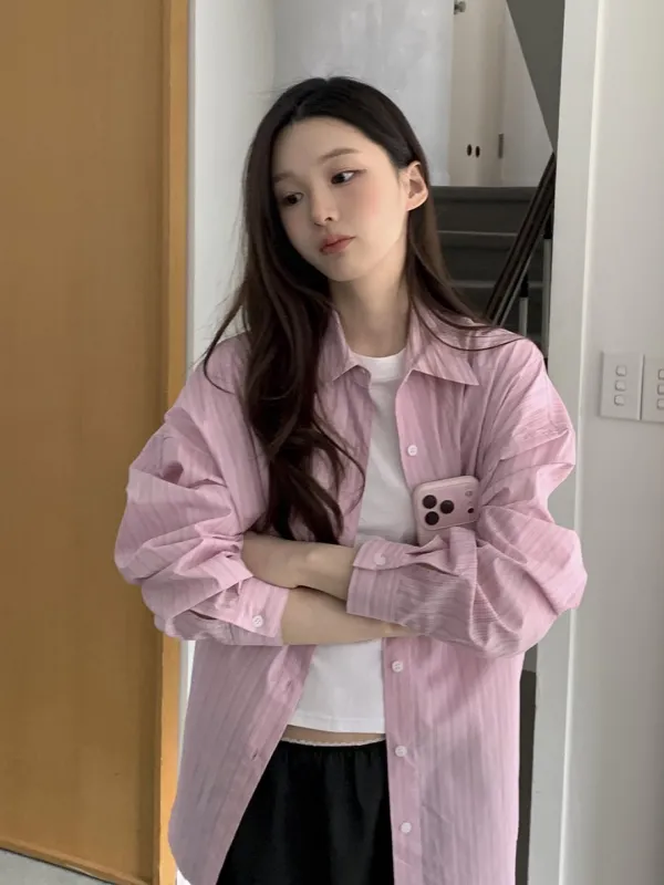 STRIPE OVERFIT SHIRT - PINK