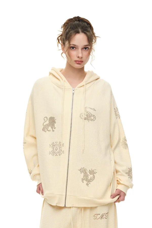 ZODIAC 02 HOTFIX WAFFLE ZIP-UP HOODIE (CREAM)
