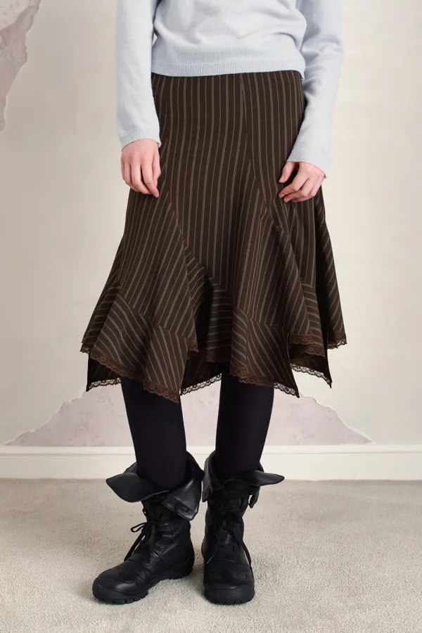 ASYMMETRIC LACE MIDI SKIRT, BROWN
