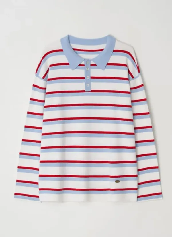 RUGBY COLLAR LOOSE FIT LONG SLEEVE KNIT WHITE RED STRIPE