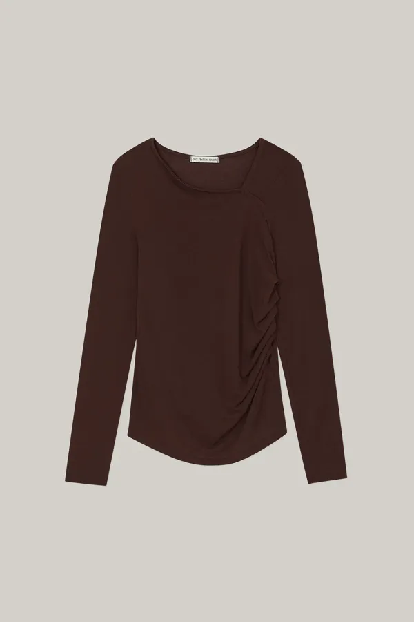 Asymmetric Shirring T-shirt (brown)