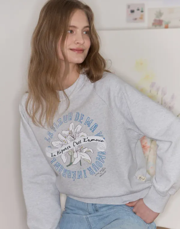 [논로컬 X 이하여백] Lily Hand Drawing Sweatshirt - Light Grey