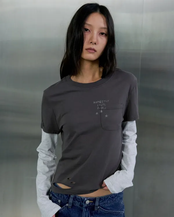 GRUNGE WASH LAYERED LONG SLEEVE - CHARCOAL