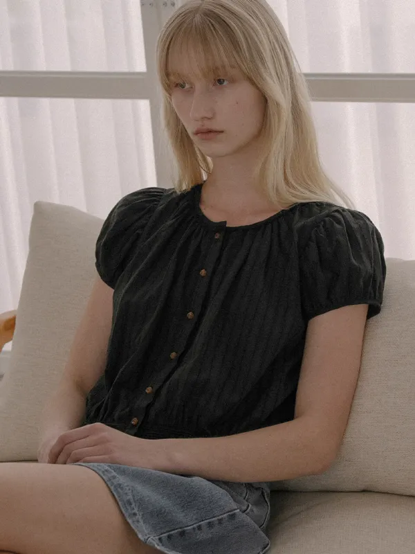 Lace-tuck puff blouse [KNSS04BL06]_Black