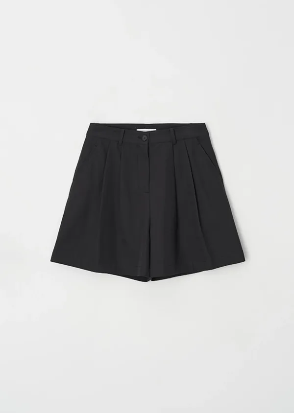 cotton double pintuck shorts-black