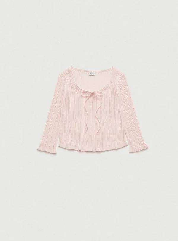 Whisper Ribbed Tie Cardigan_Pink