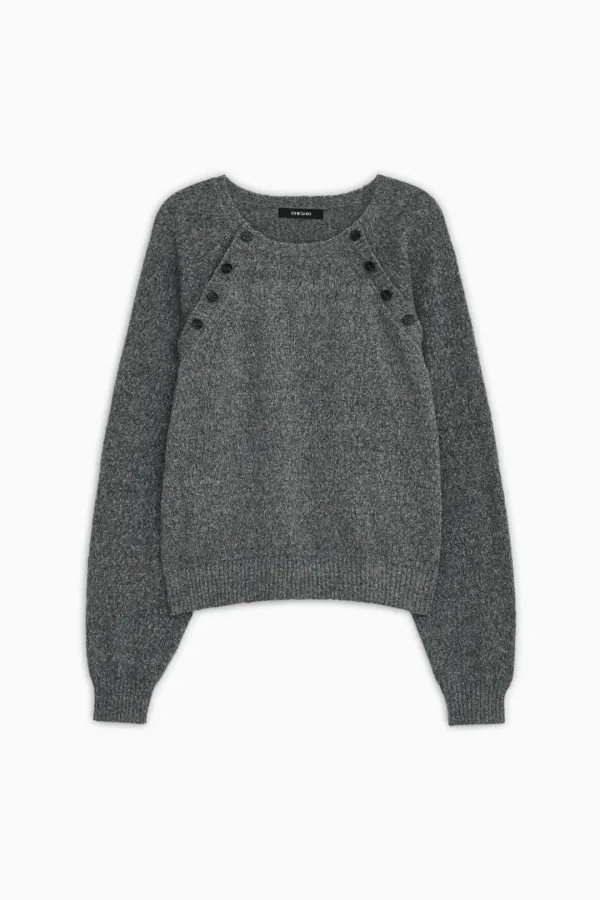 BUTTON DETAIL RAGLAN KNIT, GRAY