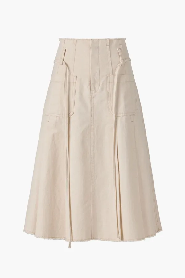 Front Pocket Pleated Cotton Skirt, Ecru