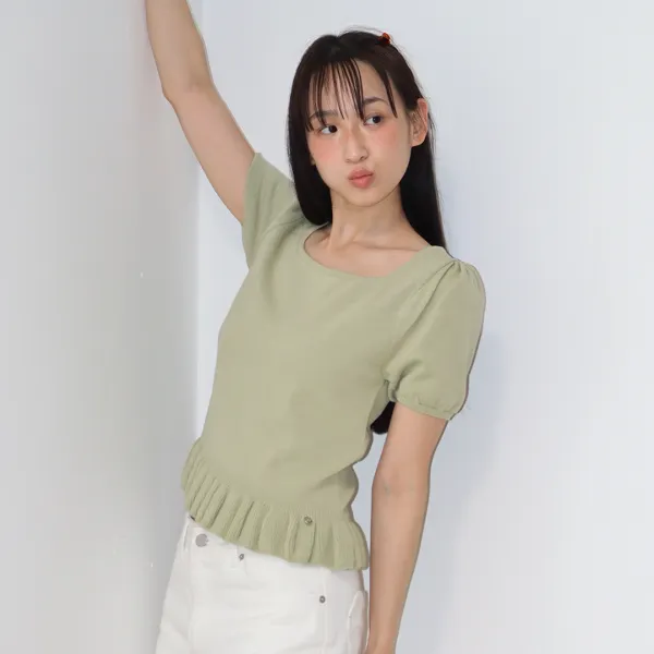 PUFF SLEEVE RUFFLE KNIT SOFT GREEN