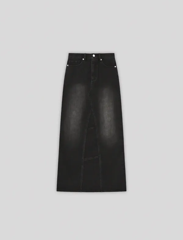 WASHED MAXI DENIM SKIRT [BLACK]