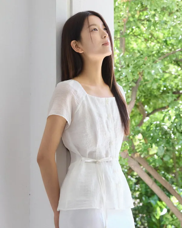 Square neck pintuck see through blouse - Ivory