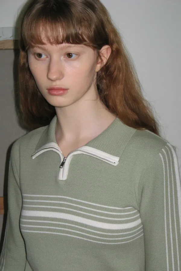 Line Half Zip-Up Knit Top (Light Khaki)