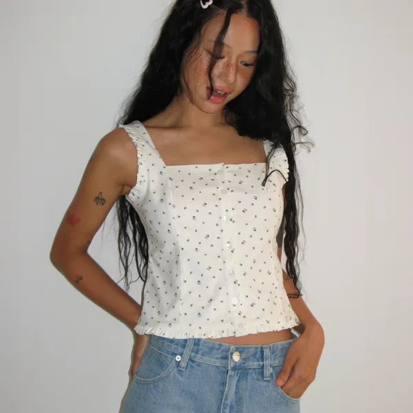 SQUARE NECK FRILL SLEEVELESS BLOUSE IVORY FLOWER