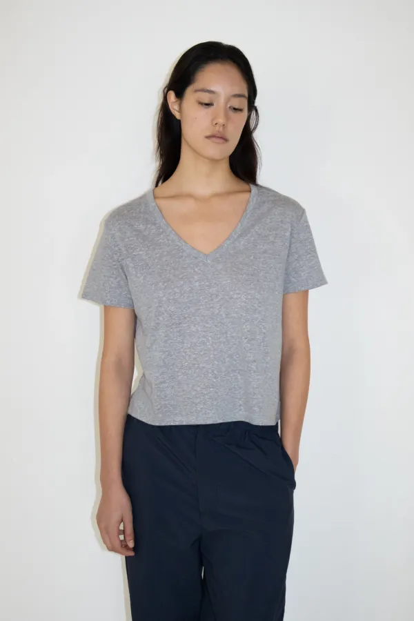 Linen Deep V-Neck T-shirt (Grey)