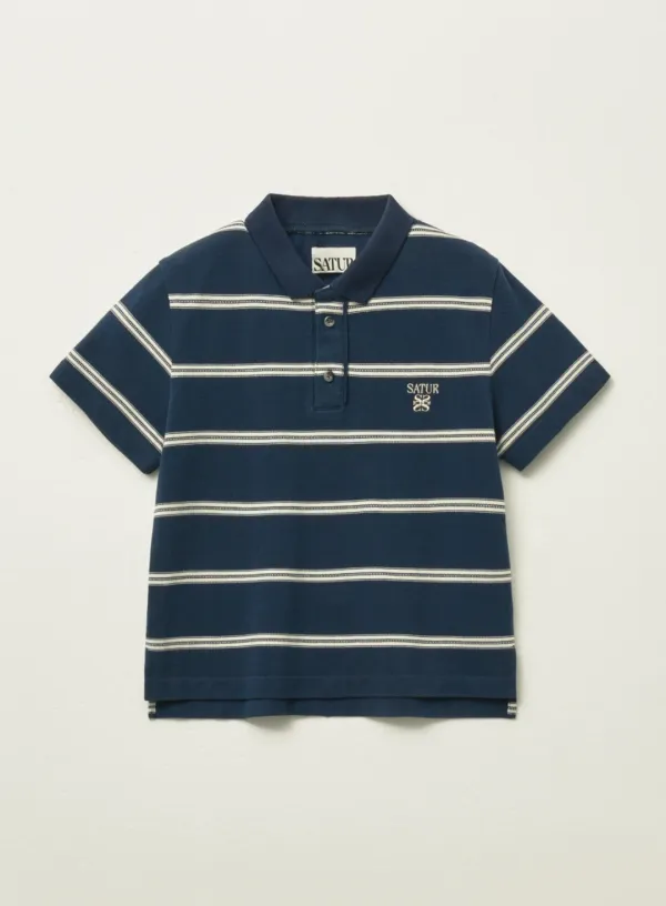 (W) Stripe Pique Polo T-Shirt - Navy