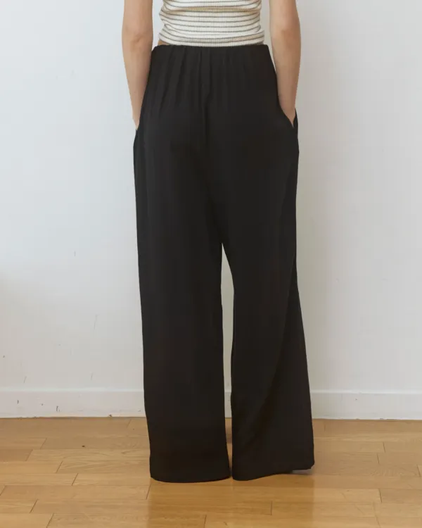 Linen hidden banding wide pants - black