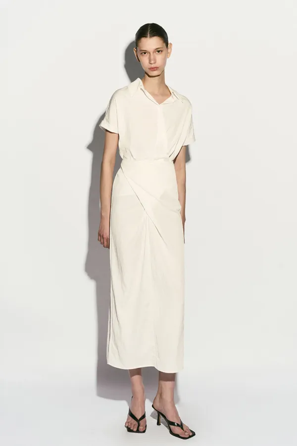 DRAPED MIDI SHIRT DRESS WHITE