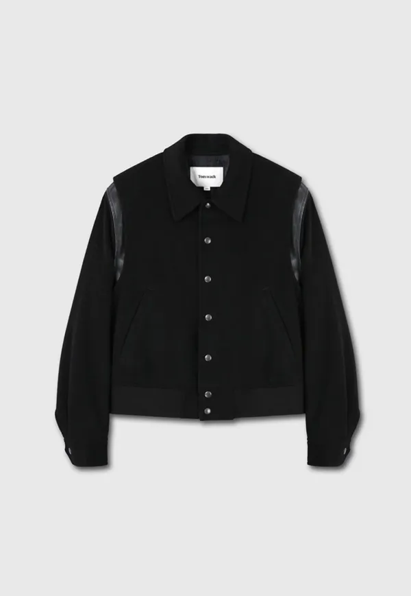 Leather-Trimmed Cropped Bomber Jacket_ Black