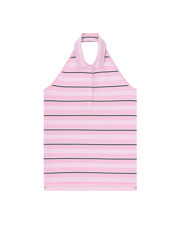 BACKLESS HALTER POLO TOP, MULTI STRIPE