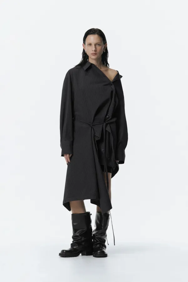 Curved Two-Way Long Shirt [ Charcoal ]