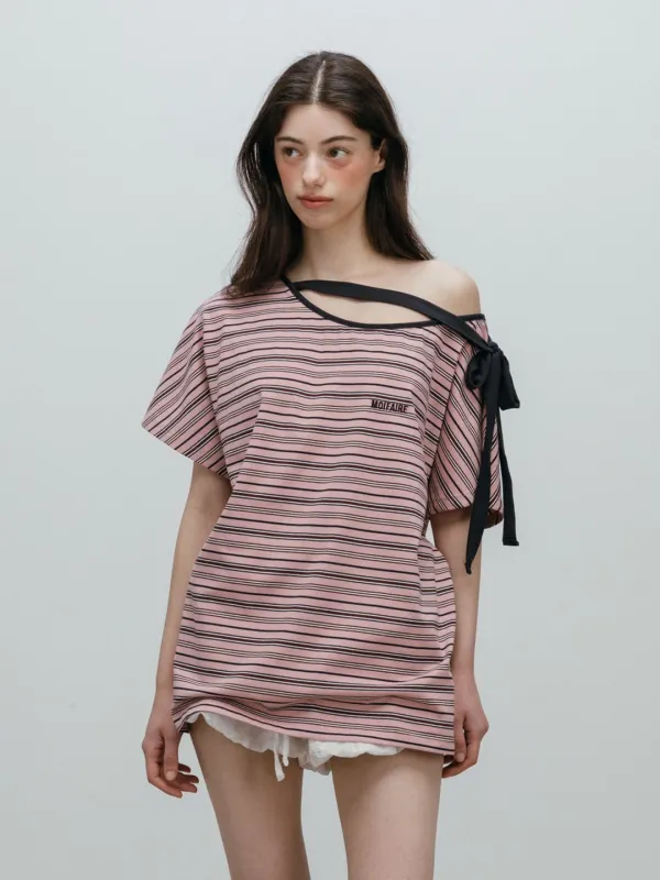 STRIPED RIBBON T-SHIRT / PINK
