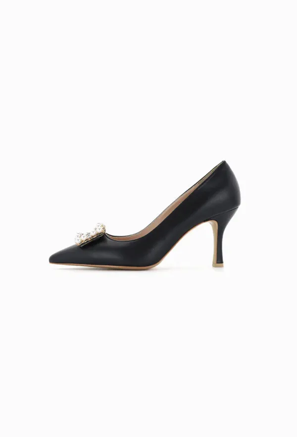 Grace Leather Heel (Black) - Pearl Ornament