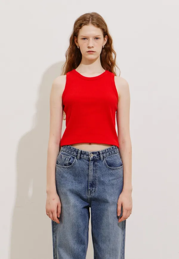 RIBBED SLEEVELESS CROP TOP - RED