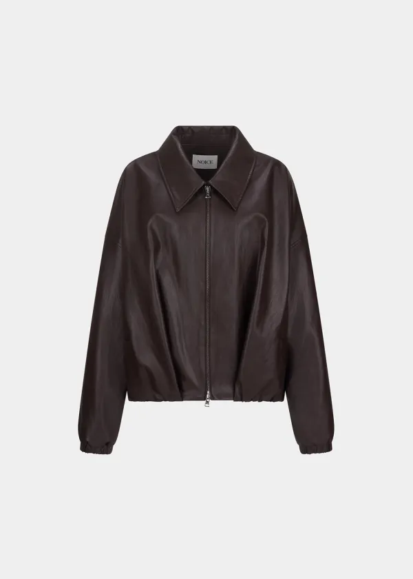 W FAUX LEATHER SHIRRED BLOUSON - BROWN
