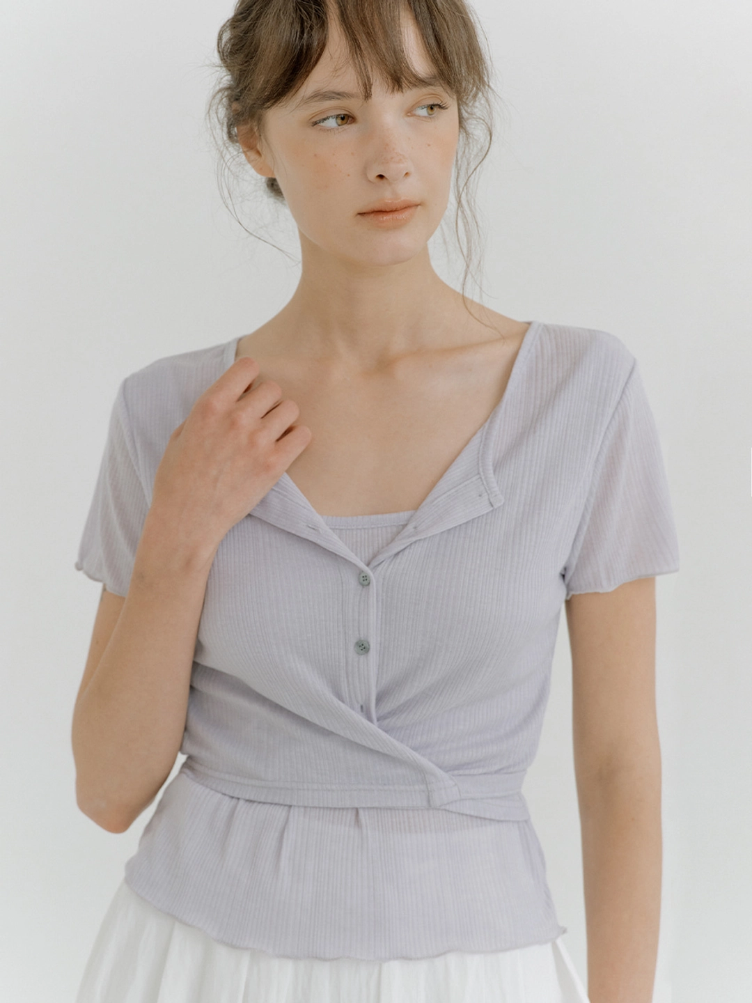 아워코모스 layered wrap detail T-shirt (blue gray) orc 6070 상품 이미지 1