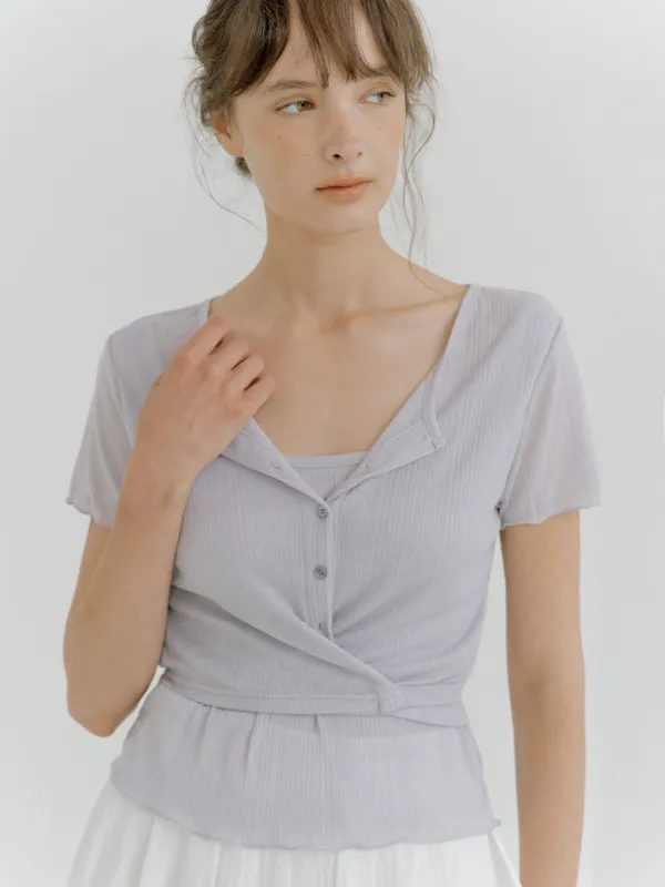 layered wrap detail T-shirt (blue gray) orc 6070