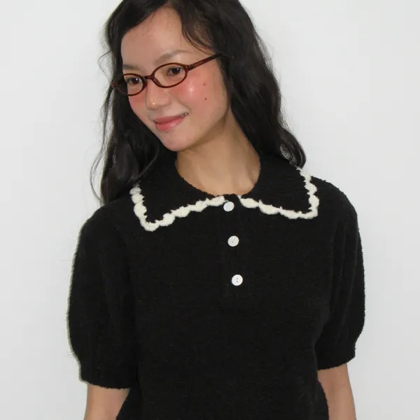 HANDMADE COLLAR SHORT SLEEVE KNIT BLACK