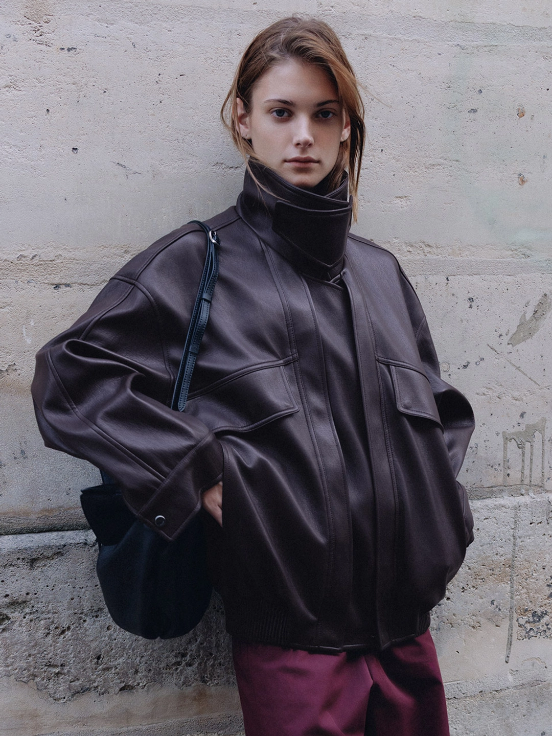 루에브르 Faux Leather Double Placket Blouson Zip-up Jumper SL6AM802-94 상품 이미지 1