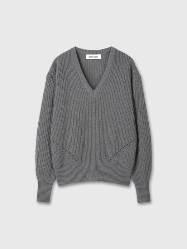 (W) MERINO WOOL V-NECK OVERSIZED SWEATER_ GREY