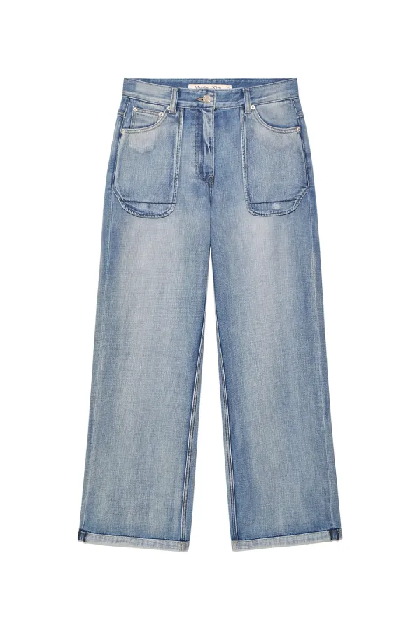 OUT POCKET WASHED DENIM PANTS IN LIGHT BLUE