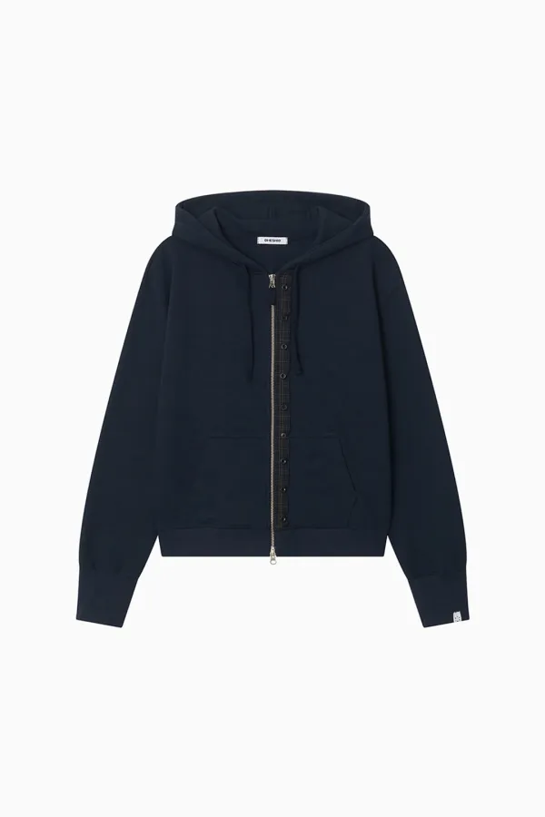 CHECK BUTTON DETAIL HOODED ZIP-UP, NAVY