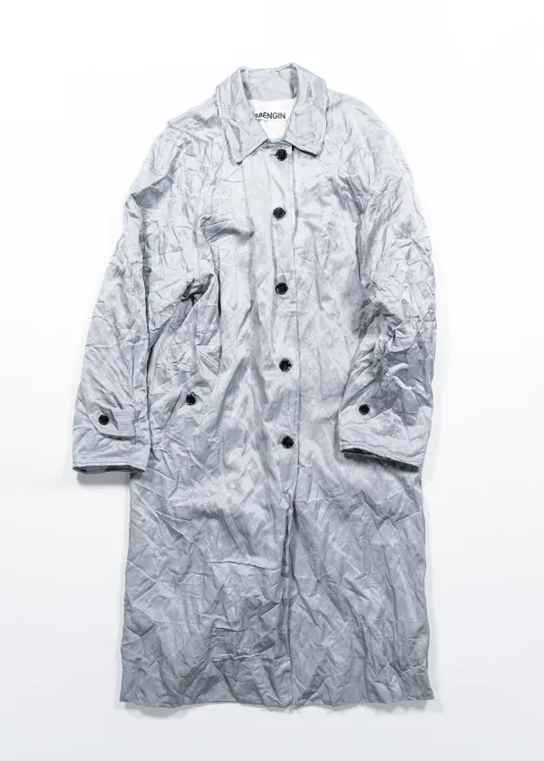 SATIN CRINKLED CLASSIC RAGLAN LONG COAT - GRAY