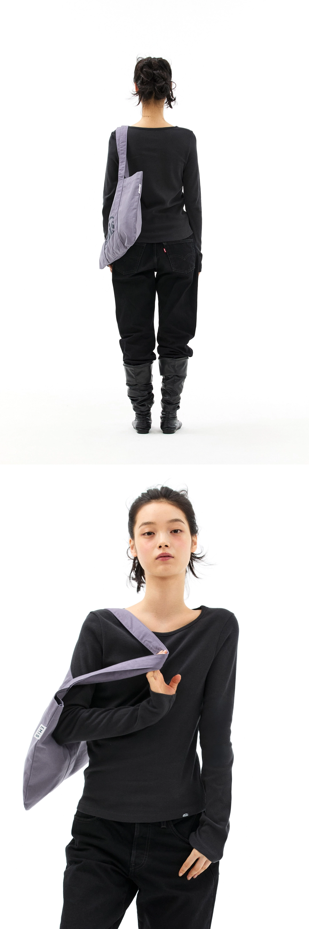 이미스 (W) RIBBED BOAT NECK LS T-SHIRT-BLACK 상품 이미지 3