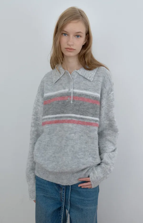 [2nd] MULTI STRIPE POLO KNIT, MELANGE GRAY