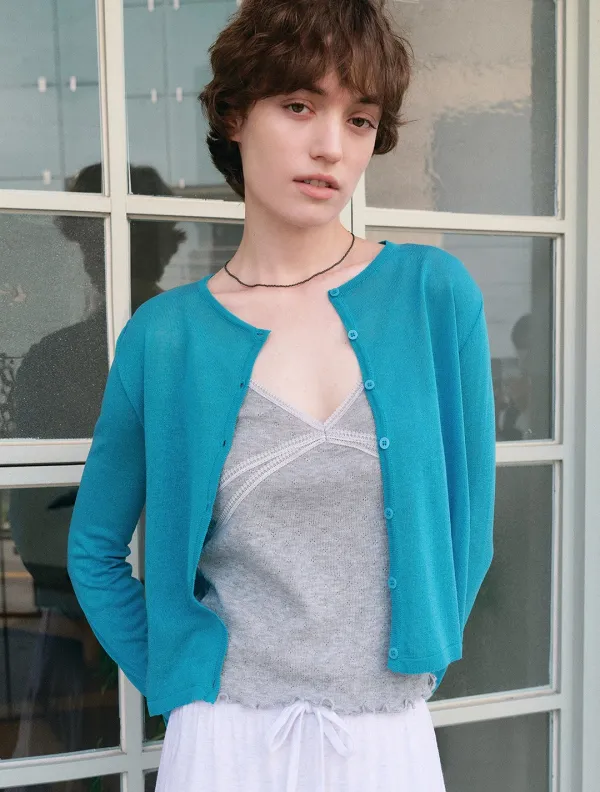 Light sheer color knit cardigan_Cyan