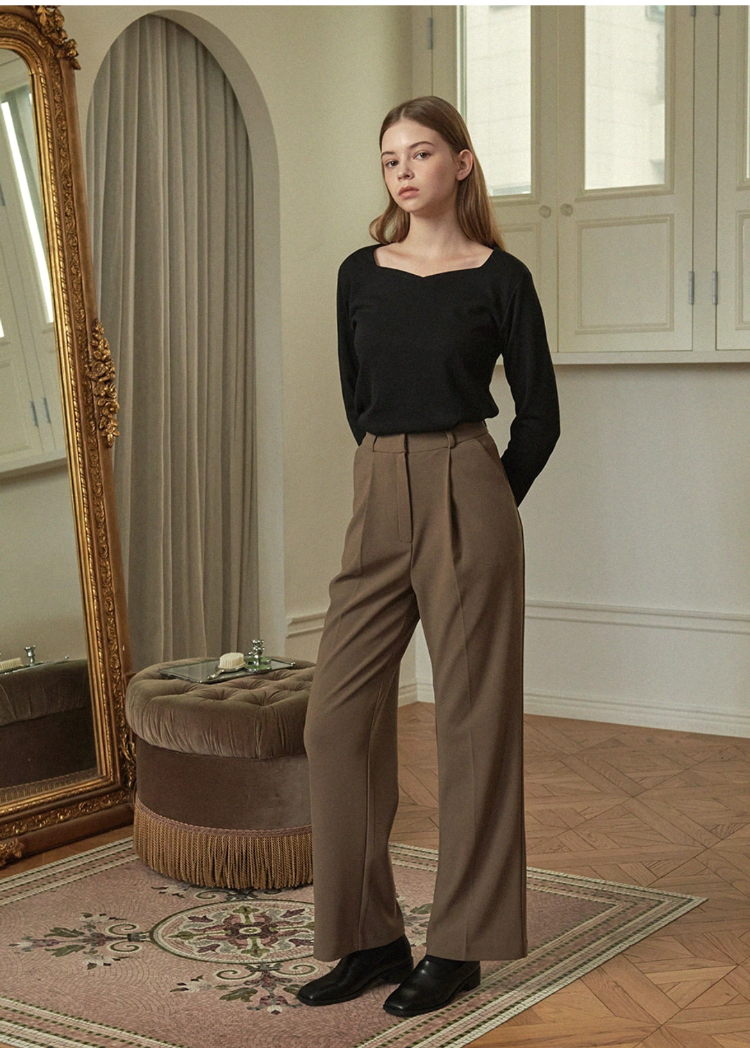 미케네  [25-36]  Classic One-tuck Wide Slacks Brown  클래식 원턱 와이드 슬랙스 브라운 (가을-출근룩-하객룩-미팅룩-데이트룩-클래식-와이드핏-롱기장-베이직-고급-빅사이즈-자체제작)  상품 이미지 3