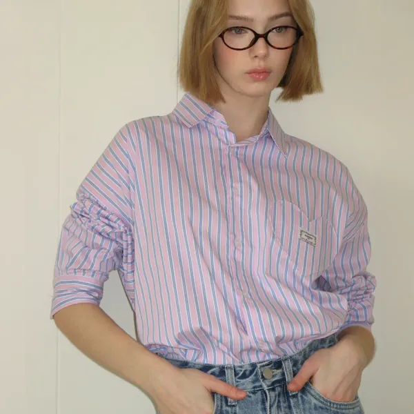 STRIPE STITCH HEART POCKET OVER FIT SHIRT PINK