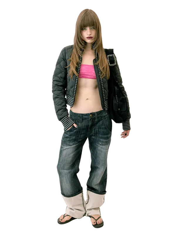 Striped Rib Lightweight Puffer Jacket Black